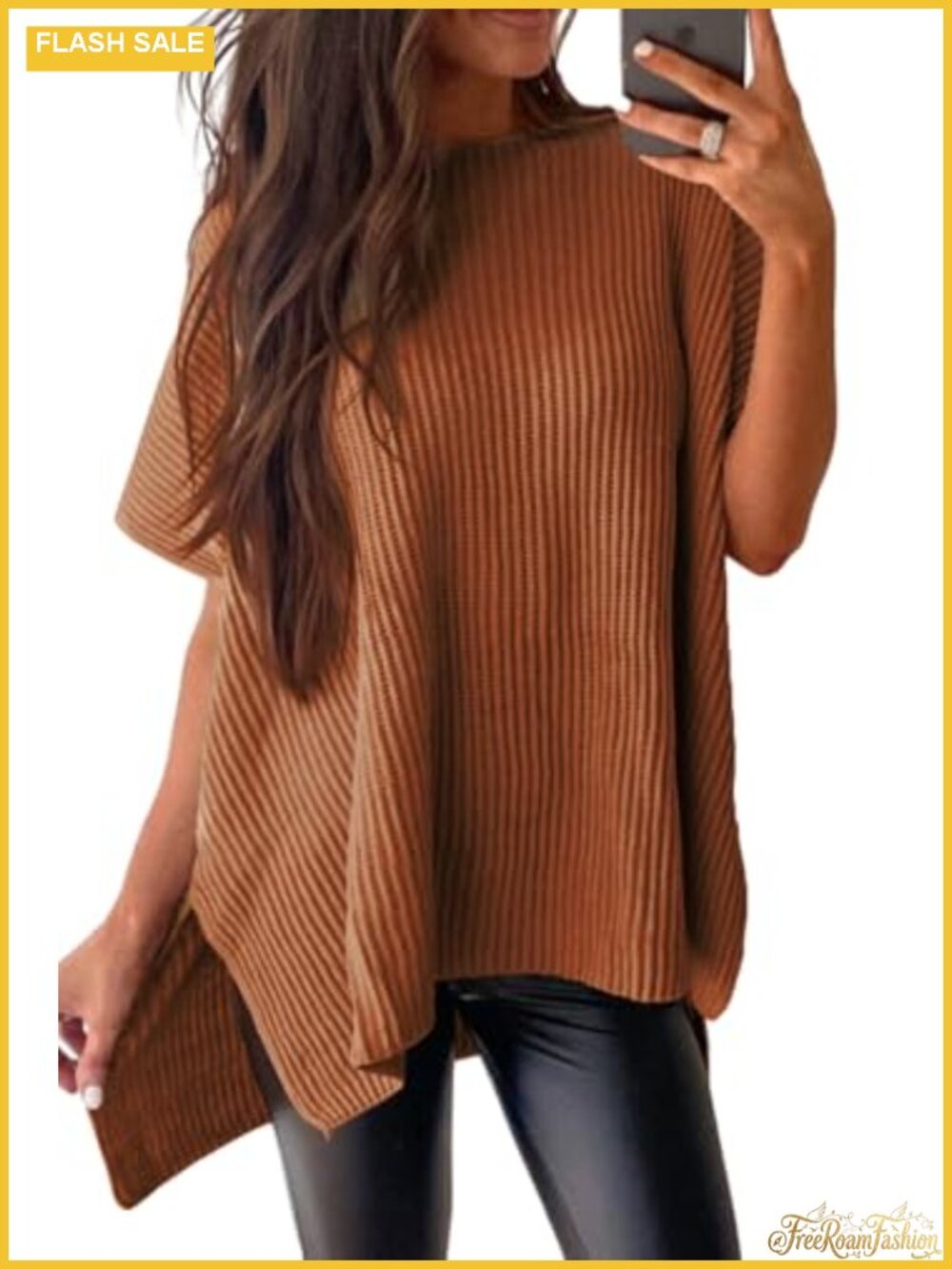Womens Short Sleeve Crewneck Sweater Loose Fit Knit Pullover Tunic Top